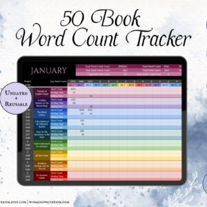 Working Writer Ink 50 Book Word Count Tracker. Undated and reusable. Google Sheets, MS Excel, 8 unique tabs, instant digital download. Writer essentials for prolific writers.