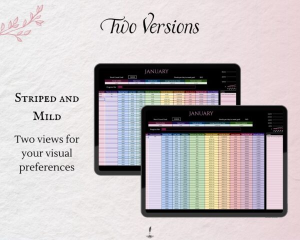 Working Writer Ink Annual Word Count Tracker - text reads "Two versions: striped and mild for your visual preference.” Writer essentials for word count and productive writers.