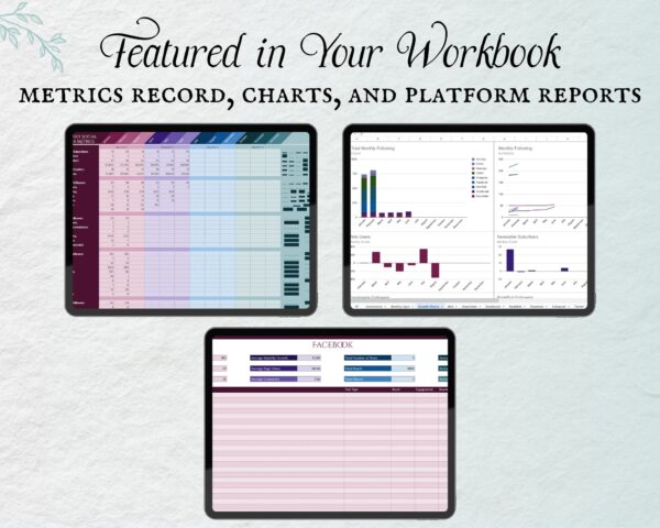 Working Writer Ink Basic Social Media Tracker - text reads "Featured in your workbook: metrics record, charts, and platform reports.” Author platform tools.