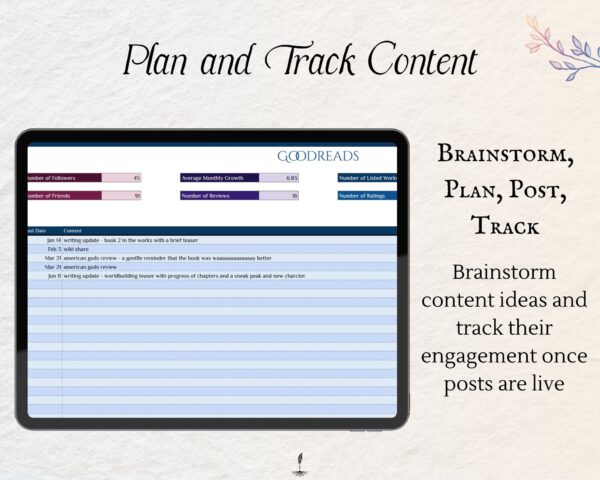 Working Writer Ink Basic Social Media Tracker - text reads "Plan and Track Content: Brainstorm content ideas and track their engagement once posts are live."