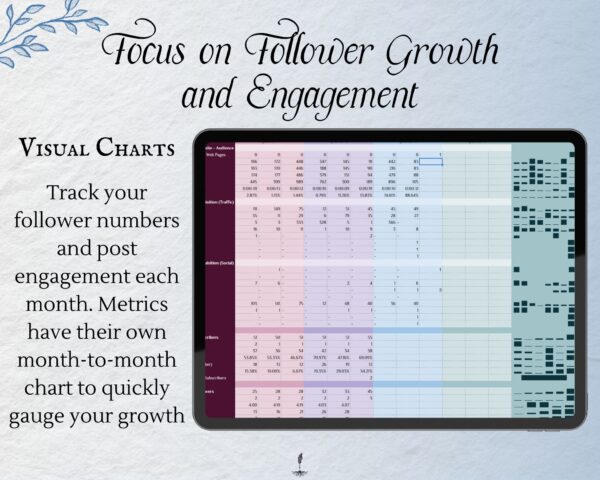 Working Writer Ink Basic Detailed Media Tracker for Writers - text reads "Focus on Follower Growth: Track your followers and post engagements each month. Each metric has its own month-to-month chart to quickly gauge your growth.” Author platform tools.