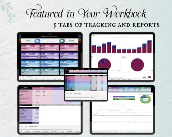 Working Writer Ink Monthly Book Sales Tracker for Amazon Authors- text reads "Featured in your workbooks: 5 tabs tracking and reports.” Writer essentials for self publishing amazon.