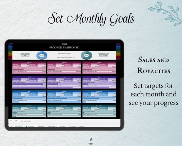 Working Writer Ink Monthly Book Sales Tracker for Amazon Authors- text reads "Set monthly goals: set custom targets for each month and see your progress.” Writer essentials for self publishing amazon.