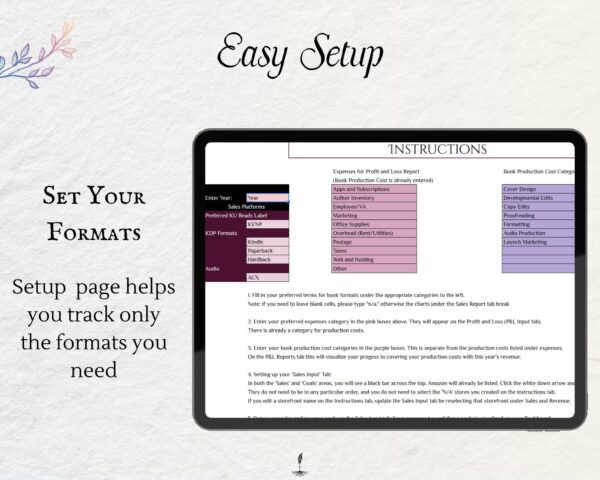 Working Writer Ink Monthly Book Sales Tracker for Amazon Authors- text reads "Easy Setup: Enter your sales platforms and the formats of your book.” Writer essentials for self publishing amazon.