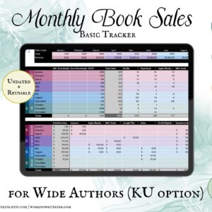 Working Writer Ink Monthly Book Sales Tracker for Wide Authors (with KU option). Undated and reusable. Google Sheets, MS Excel, 5 tabs, instant digital download. Writer essentials for self publishing wide.