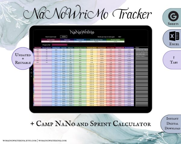 NaNoWiMo word count tracker with Camp NaNoWriMo, both April and July, and bonus Writing Sprint Calculator. Undated and reusable. Google Sheets, MS Excel, 5 tabs, instant digital download. Writer essentials for word count and productive writers.