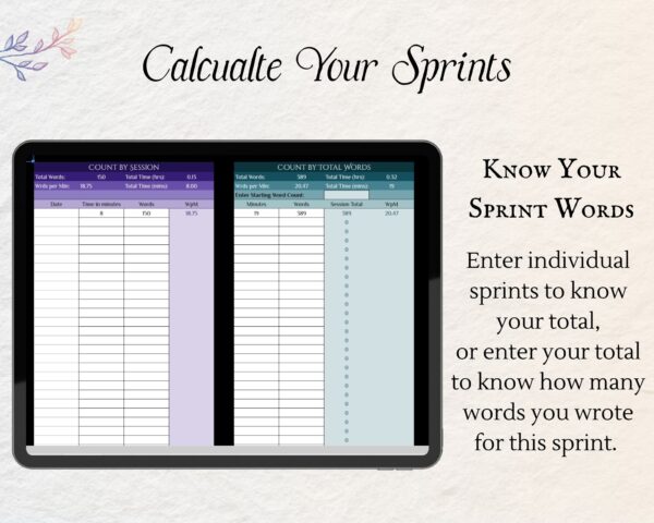 Working Writer Ink NaNoWriMo Word Count Tracker - text reads "Bonus writing sprint calculator: enter your totals and shout the answer to win that writing sprint.” Writer essentials for word count and productive writers.