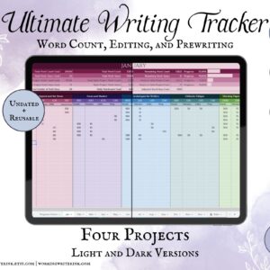 Working Writer Ink Ultimate Writing Tracker, light and dark versions. Undated and reusable. Google Sheets, MS Excel, 14 tabs, instant digital download. Writer essentials for word count and productive writers.