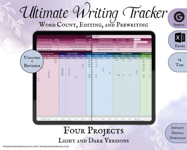 Working Writer Ink Ultimate Writing Tracker, light and dark versions. Undated and reusable. Google Sheets, MS Excel, 14 tabs, instant digital download. Writer essentials for word count and productive writers.