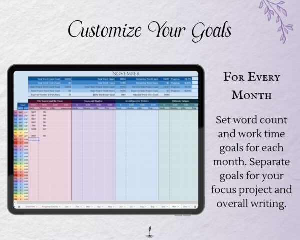 Working Writer Ink Ultimate Writing Tracker - text reads "Customize your goals for every month.” Writer essentials for word count and productive writers.