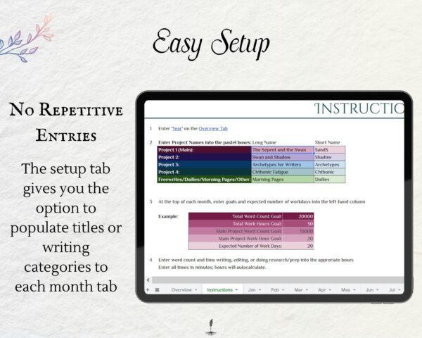 Working Writer Ink Ultimate Writing Tracker - text reads "Easy setup: populate books titles or writing projects on one tab.” Writer essentials for word count and productive writers.