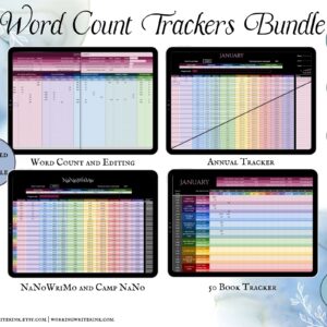 Working Writer Ink Writing Tracker Bundle. Undated and reusable. Google Sheets, MS Excel, 4 workbooks, instant digital download. Writer essentials for word count and productive writers.