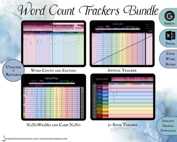 Working Writer Ink Writing Tracker Bundle. Undated and reusable. Google Sheets, MS Excel, 4 workbooks, instant digital download. Writer essentials for word count and productive writers.