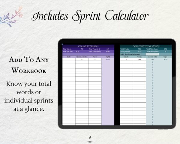 Working Writer Ink Writing Tracker Bundle- text reads "Bonus: includes sprint calculator.” Writer essentials for word count and productive writers.