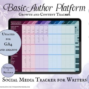 Working Writer Ink Basic Social Media Tracker for authors and writers. Undated and reusable. Google Sheets, MS Excel, 12 tabs, instant digital download. Author platform tools and writer essentials.