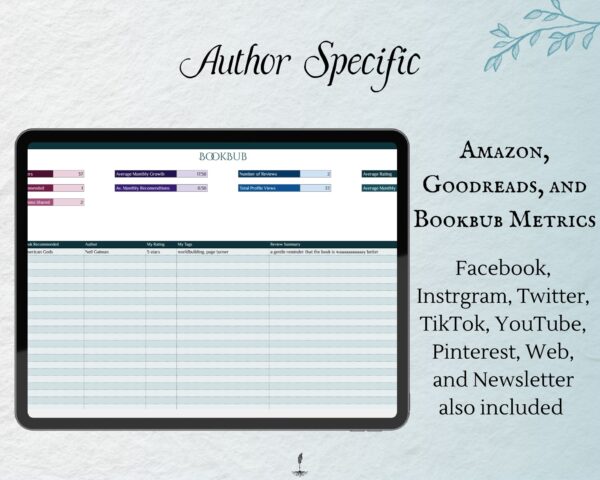 Working Writer Ink Basic Social Media Tracker - text reads "Author Specific: Goodreads and Bookbub metrics tacked, as well as Facebook, Instagram, Twitter, TikTok, YouTube, Pinterest, Web, and Newsletter.” Author platform tools.