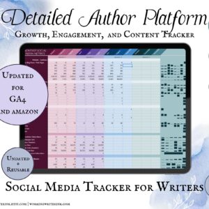 Working Writer Ink Detailed Social Media Tracker for authors and writers. Undated and reusable. Google Sheets, MS Excel, 12 tabs, instant digital download. Author platform tools and writer essentials.